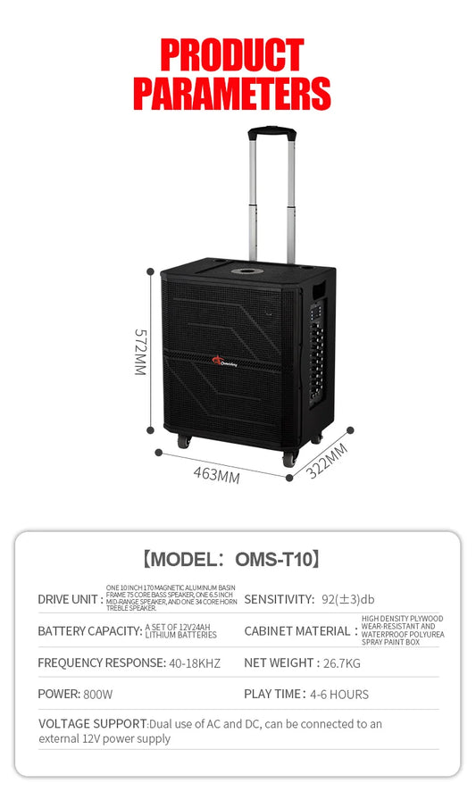 JMT-053770 10-Inch Portable Bluetooth Outdoor DJ Subwoofer Speaker with High-Power Bass for Parties