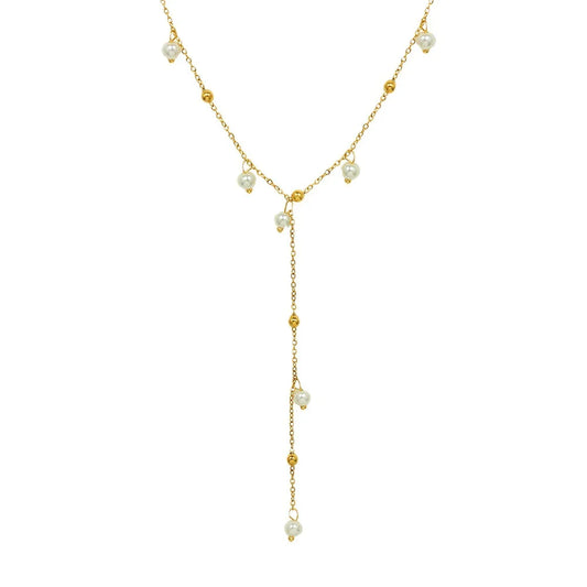 JMT-259466 Exquisite 18K Gold Plated Imitation Pearl Satellite Dainty Chain Tassel Necklace Stainless Steel Jewelry