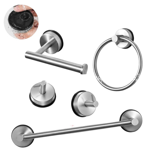 JMT-240330 Telescopic Adjustable Stainless Steel Towel Rack with Suction Cup Hooks and Tissue Holder Set