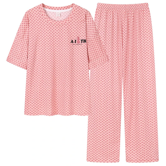 JMT-377034 Heart Shape Print Cotton Pajamas Two-piece Suit Summer Short-sleeved Long Pants Plus Size Home Service Set