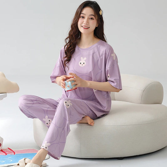 JMT-540874 Cartoon Printing Leisure Style Round Neck Female Short Sleeves Long Pants Cotton Pajamas for Women