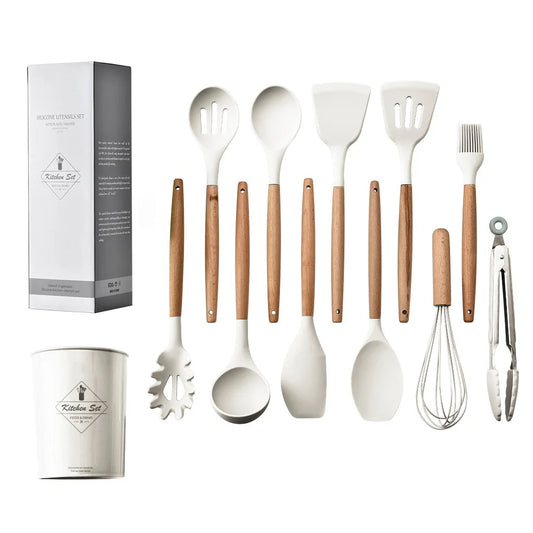 JMT-834122 Creamy White Wooden Handle Nonstick Silicone Kitchen Utensils - 11 Piece Cooking Tool Set
