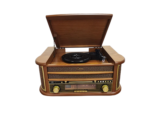 JMT-456202 Multifunctional Retro Wooden Turntable with AM FM Radio, USB and Bluetooth Connectivity, Plays Vinyl Records, CDs, and Tapes