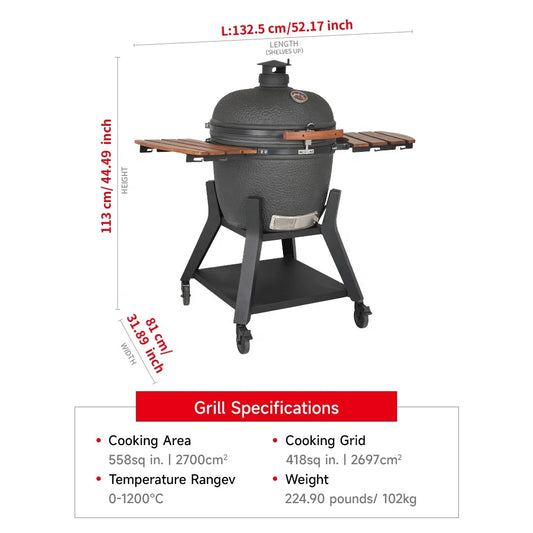 JMT-660746 Large 23.5 Inch Ceramic Charcoal Kamado Grill for Outdoor BBQ and Smoking