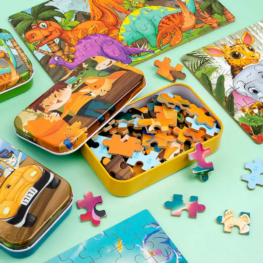 JMT-508298 60-Piece Educational Dinosaur Jigsaw Puzzle for Kids - Iron Box Wooden Puzzle Toys