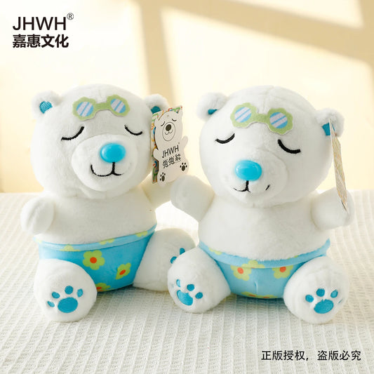 JMT-557066 Hugging Bear Plush Toy with Green Sunglasses and Blue Floral Shorts - Summer Edition