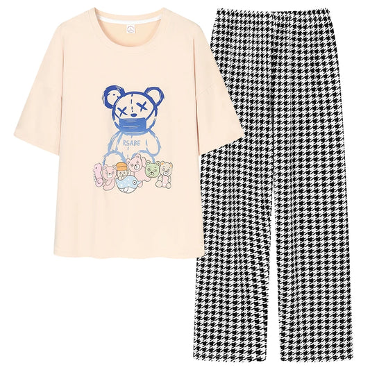 JMT-475338 Summer 2 Pieces Short-Sleeved Trousers Set Wearable Cartoon Print Round Neck Plus Size Home Pajamas Set