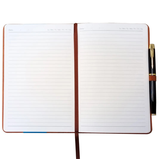 JMT-681546 A5 Brown PU Notebook with Pen, Elastic Closure, 128 Lined Pages, 100g Paper