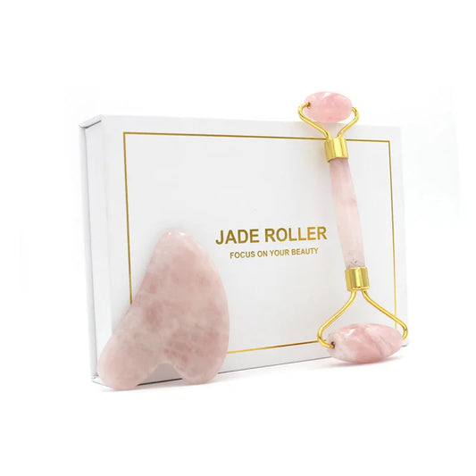 JMT-746954 Rose Quartz Facial Massage Roller and Gua Sha Set with Pouch and Gift Box
