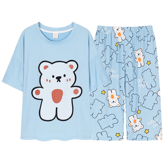 JMT-737482 New Arrival 2 Sets Short Sleeve Seven-minute Pants Thin Cute Cartoon Sleepwear Women's Cotton Pajamas