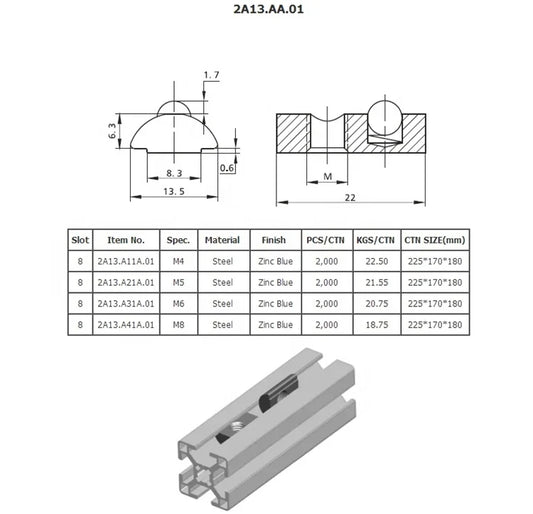 JMT-048842 Steel Half Round Spring Ball T Slot Nut M4 M5 M6 M8 for 30 40 Aluminium Profile