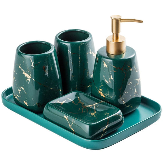 JMT-419978 Nordic Glossed Ceramic Bathroom Accessories Set in White and Gold Marble Design