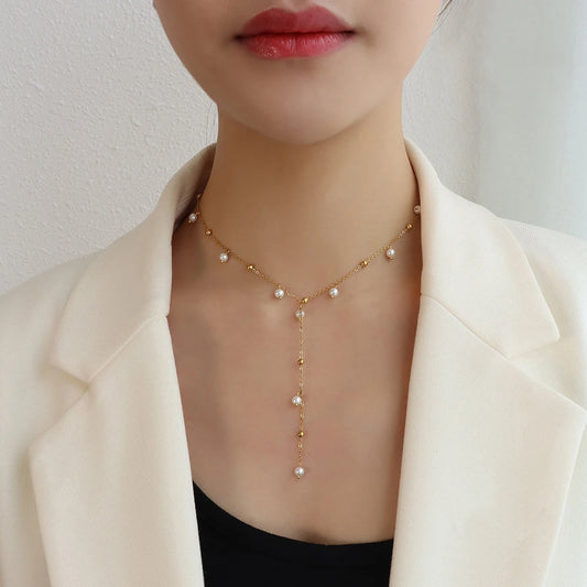 JMT-259466 Exquisite 18K Gold Plated Imitation Pearl Satellite Dainty Chain Tassel Necklace Stainless Steel Jewelry