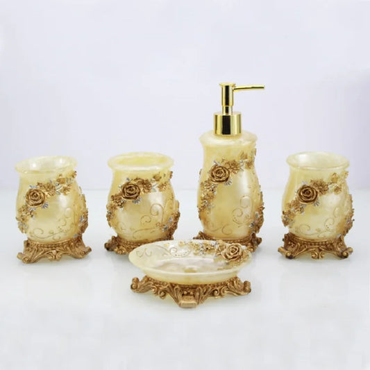 JMT-583818 Flower Pattern Polyresin Bathroom Accessory Set in Blue - Includes Lotion Dispenser, Toothbrush Holder, Soap Dish, Tumbler, Toilet Brush Holder, Amenity Tray, Tissue Cover, and Waste Bin