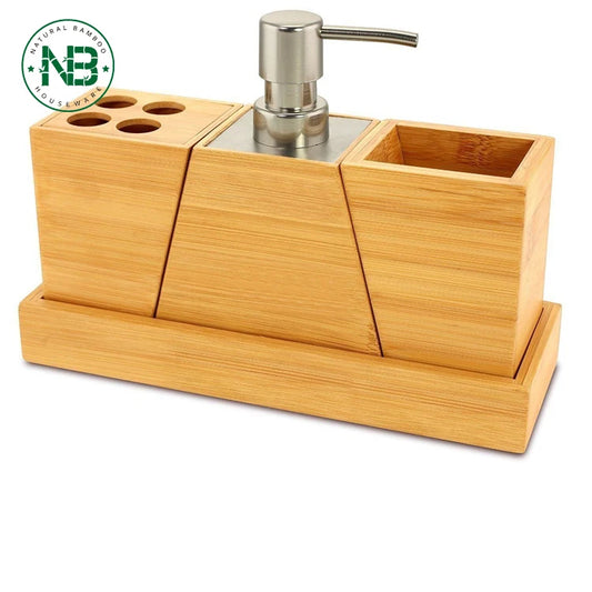 JMT-682122 Bamboo 4-Piece Bathroom Accessory Set with Soap Dispenser, Toothbrush Holder, and Tray
