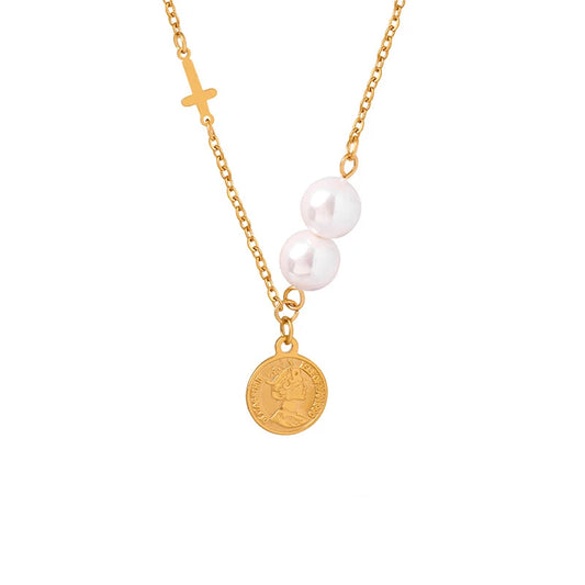 JMT-587146 2024 Exquisite 18K Gold Plated Imitation Pearl Satellite Dainty Chain Tassel Necklace Stainless Steel Jewelry