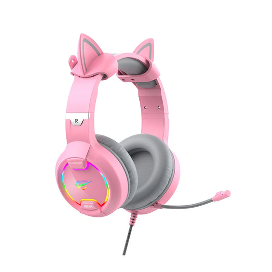 JMT-984266 Pink Cat Ear Headphones with RGB LED Lights and Flexible Microphone for 7.1 Surround Sound Gaming