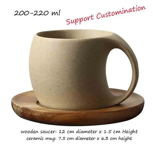 JMT-815498 Japanese Ceramic Coffee Mug with Wooden Saucer - Elegant Porcelain Tea Cup Set