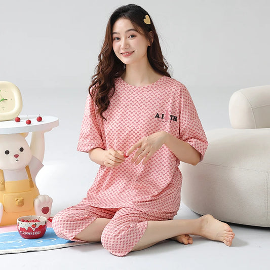 JMT-803018 New Arrival 2 Sets Short Sleeve Seven-point Pants Thin Sweetness Cute Sleepwear Women's Cotton Pajamas