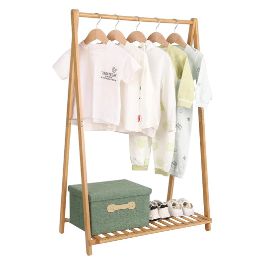 JMT-725706 Bamboo Children's Hanging Clothes Rack with Hat Storage for Bedroom and Wardrobe Organization