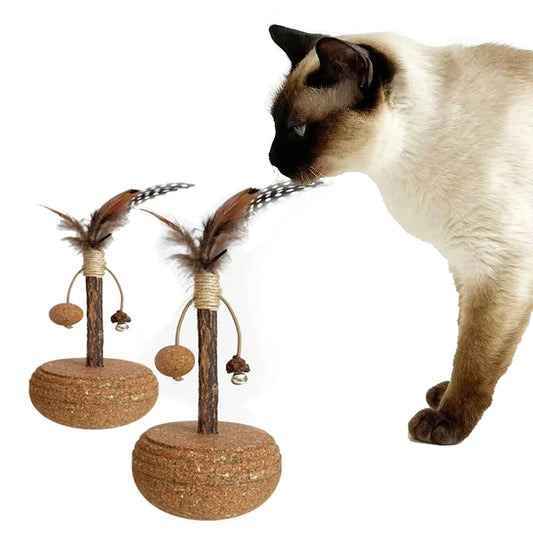 JMT-679946 Natural Cork Catnip Ball Toy with Bells and Feathers for Cats