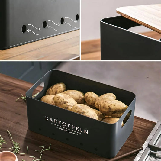 JMT-266954 Rectangle Bamboo Lid Potato, Onion, and Garlic Storage Pots, Carbon Steel Canister, Custom Sizes Available