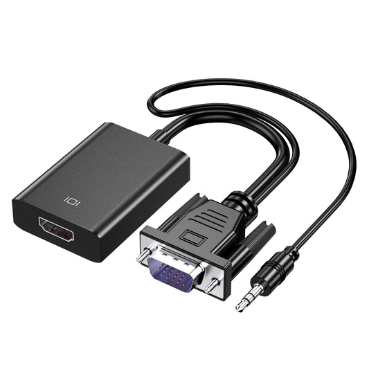 JMT-598666 VGA to HDMI Adapter with 3.5mm Audio Output for PC, Laptop, and Projector - Supports 1080P Resolution