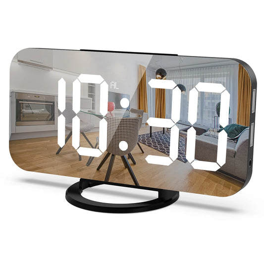 JMT-467018 Modern Digital LED Alarm Clock with Mirror Display and USB Charging Ports