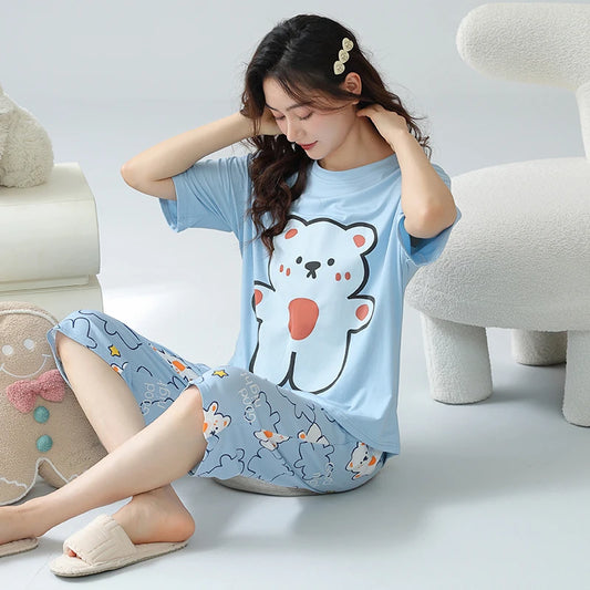 JMT-737482 New Arrival 2 Sets Short Sleeve Seven-minute Pants Thin Cute Cartoon Sleepwear Women's Cotton Pajamas