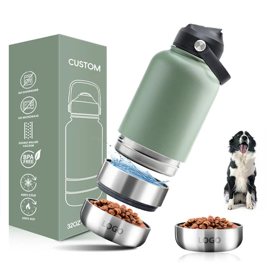 JMT-054218 Stainless Steel 32oz 3-in-1 Pet Bowl and Portable Water Bottle for Outdoor Travel
