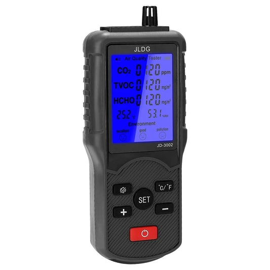 JMT-105162 Air Quality Tester with LCD - CO2, TVOC, HCHO Meter, Thermometer, and Humidity Monitor with Lithium Battery
