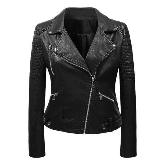 JMT-682954 PU Leather Jacket for Women Korean Version Slim Fit Harajuku Style Spring Short Flip Collar Motorcycle Jacket Clothing