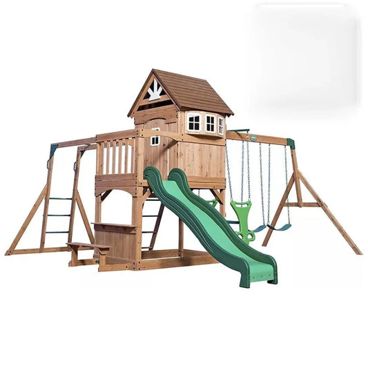 JMT-368330 Children's Wooden Playhouse with Slide and Swing for Outdoor Garden Fun