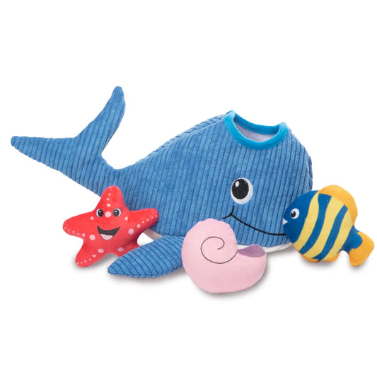 JMT-332170 Eco-friendly Plush Dog Toy in Green and Blue - Soft Squeaky Square Design