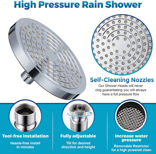 JMT-481738 Chrome Rainfall High Pressure Shower Head V-33020, 6 Inch Wall Mount, ABS & Brass Material, TPR Nozzles