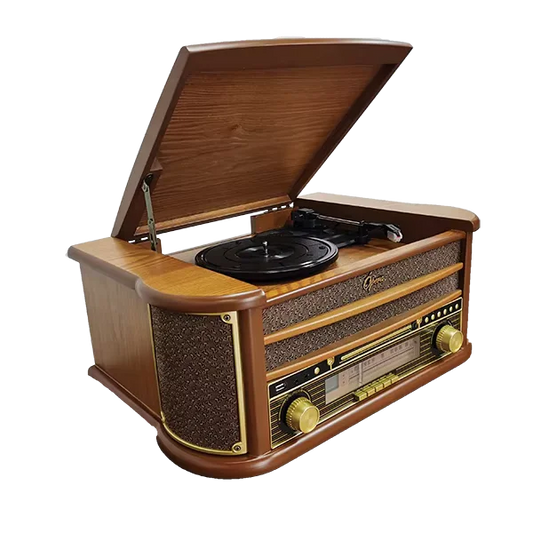 JMT-456202 Multifunctional Retro Wooden Turntable with AM FM Radio, USB and Bluetooth Connectivity, Plays Vinyl Records, CDs, and Tapes