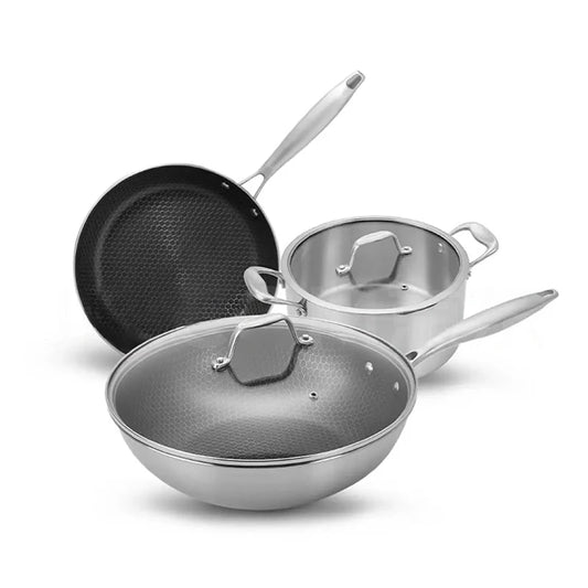 JMT-623946 Stainless Steel Kitchenware Set with 28cm Frypan, 24cm Fry Pan, 30cm Soup Pot, and Wok