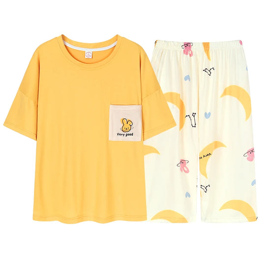 JMT-671946 Cartoon Women Pajamas Set Cotton Soft Sleepwear Pjs Short Sleeve Nightwear With Seven-point Pants