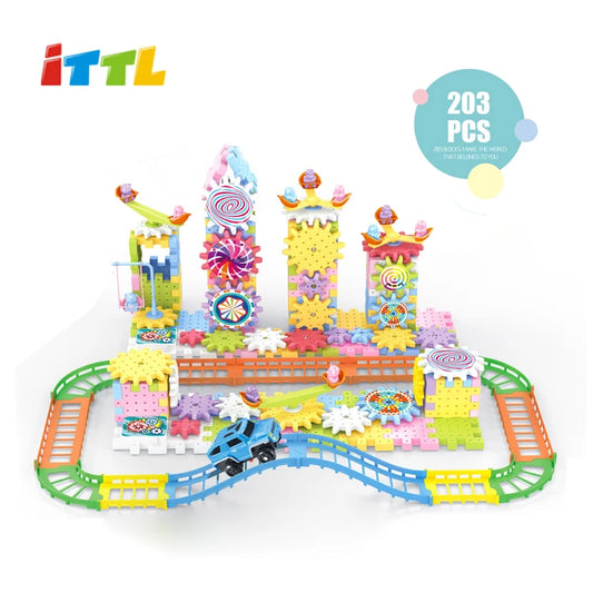 JMT-958474 203-Piece Electric DIY Stacking Building Blocks Set for Kids - Eco-Friendly ABS Plastic Wall Train Track