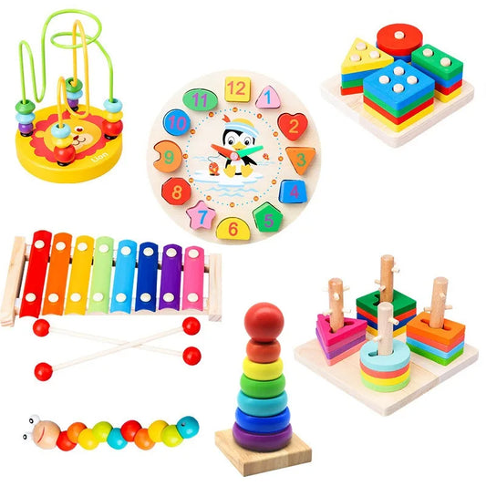 JMT-609738 Montessori Wooden Animal Math Clock and Musical Instrument Educational Toy Set for Kids