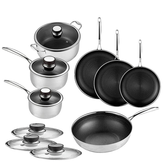 JMT-738058 13-Piece Stainless Steel Hybrid Cookware Set with Lids, 3-Ply Non-Stick Honeycomb Design