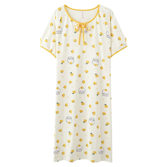 JMT-147658 Round Neck Cartoon Print Cute Home Dress Korean Style Nightdress Summer Lie Fallow Short Sleeves Cotton Women's Pajamas