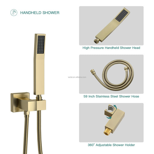 JMT-351818 Contemporary Thermostatic Rain Shower Head and Handheld Faucet Set in Polished Brass Chrome Finish