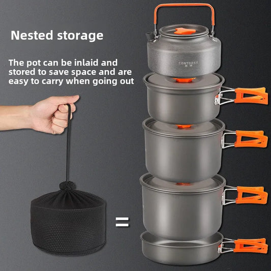 JMT-794122 Portable Anodised Camping Cookware Set with Foldable Stove and Hanging Pot for Outdoor Cooking