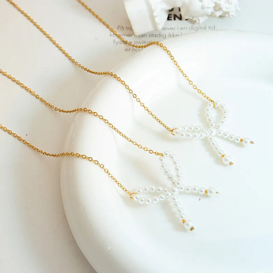 JMT-144202 Personality Trend Imitation Pearl Bow Necklace Stainless Steel 18K Gold Link Chain butterfly Necklace for Women