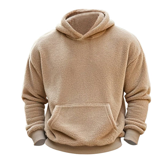 JMT-853386 Men's Reversible Arctic Fleece Pullover Sweatshirt Pocket Hooded Warm Sweater Street Solid Color Long Sleeve Pullover Sweatshirt