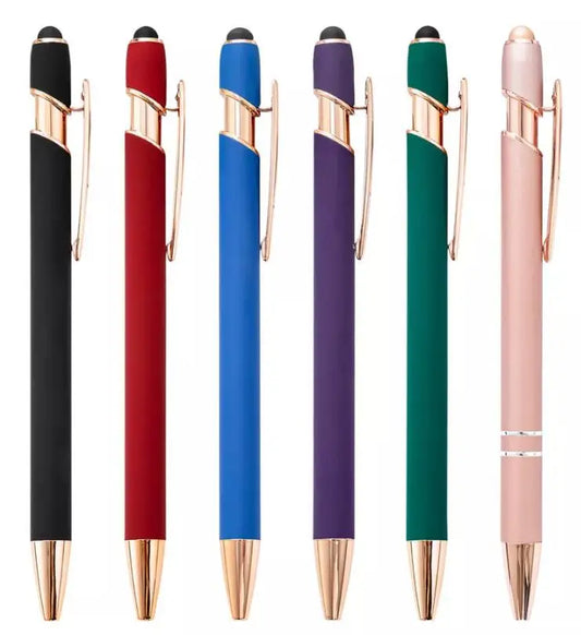 JMT-117898 2 in 1 Multifunctional Stylus and Metal Ballpoint Pen with Custom Logo, Soft Touch Rubber Body, Rose Gold Finish