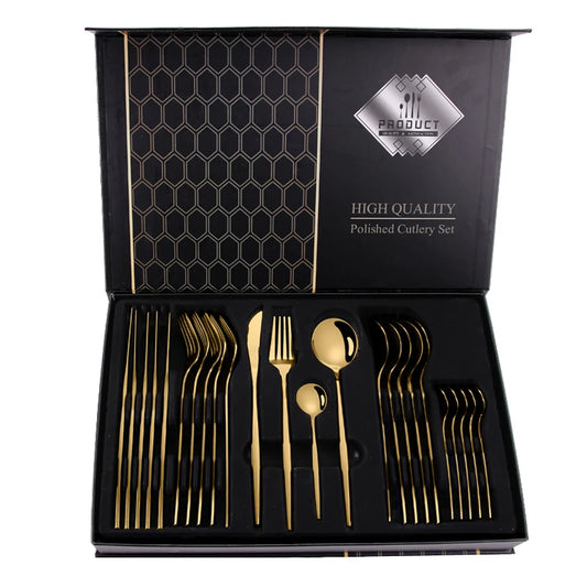 JMT-194570 24-Piece Gold Stainless Steel Flatware Set with Gift Box for Parties and Weddings