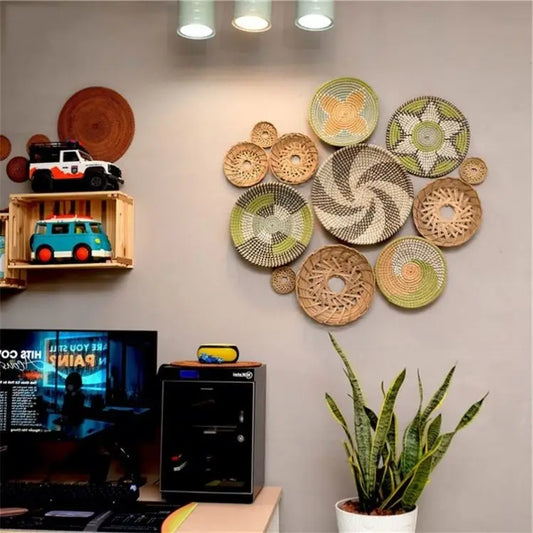 JMT-679434 Handwoven Rattan Wall Hanging Decor Set - Seasonal Boho Straw Artistry for Interior Decoration