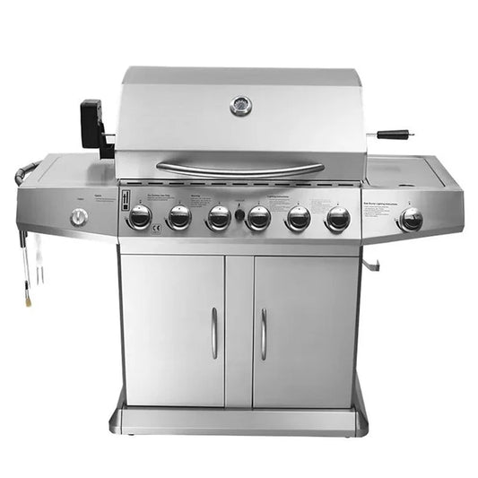JMT-812234 6-Burner Gas BBQ Grill with Side Burner, Stainless Steel, Cast Iron Grates, and Wheels